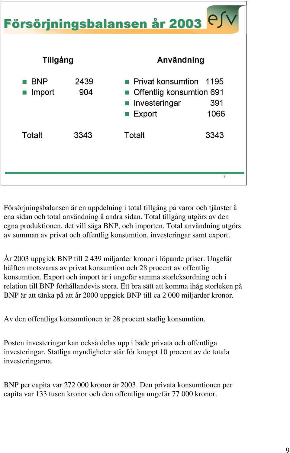 Total användning utgörs av summan av privat och offentlig konsumtion, investeringar samt export. År 2003 uppgick BNP till 2 439 miljarder kronor i löpande priser.