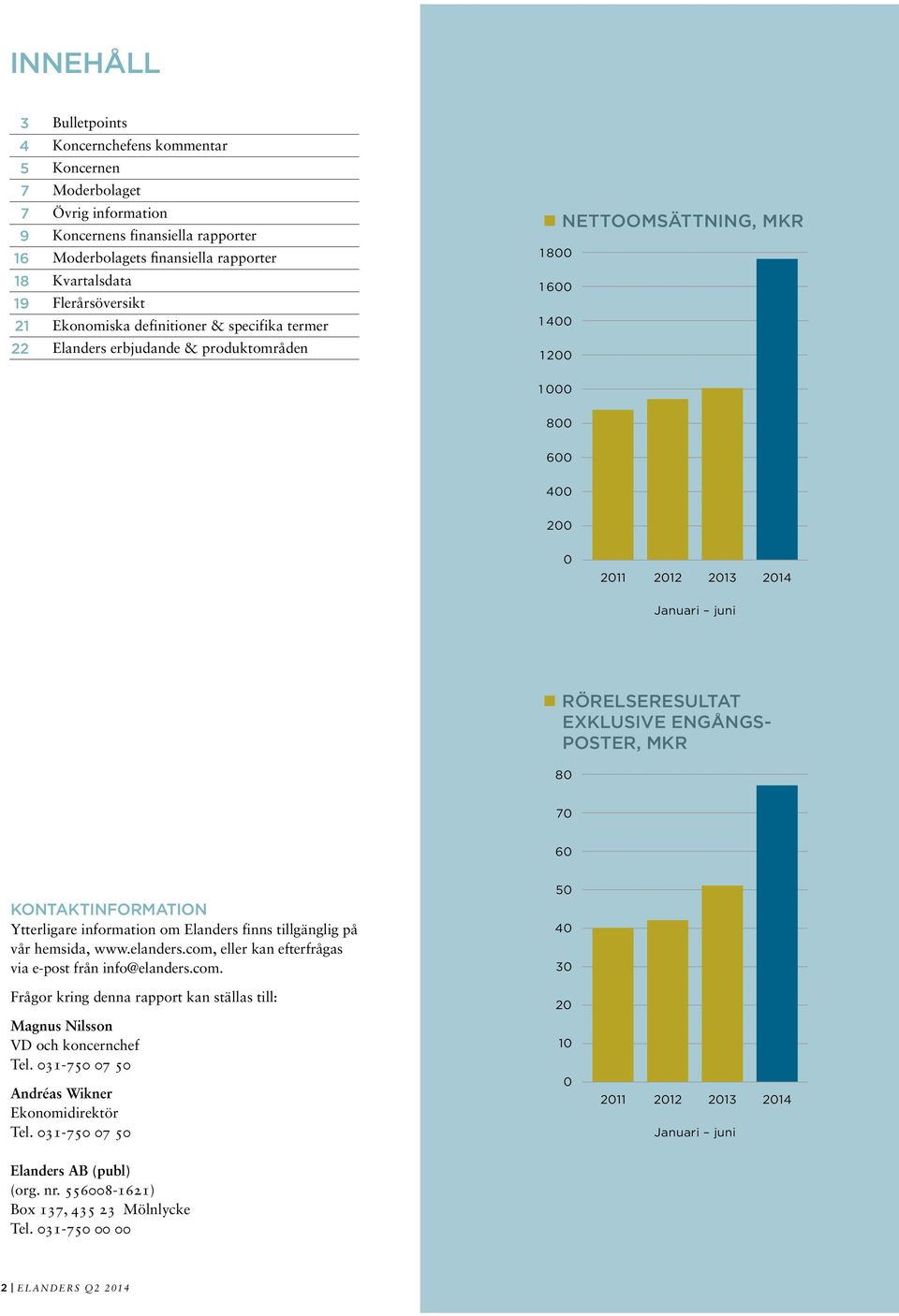 RÖRELSERESULTAT EXKLUSIVE ENGÅNGS- POSTER, MKR 80 70 60 KONTAKTINFORMATION Ytterligare information om Elanders finns tillgänglig på vår hemsida, www.elanders.