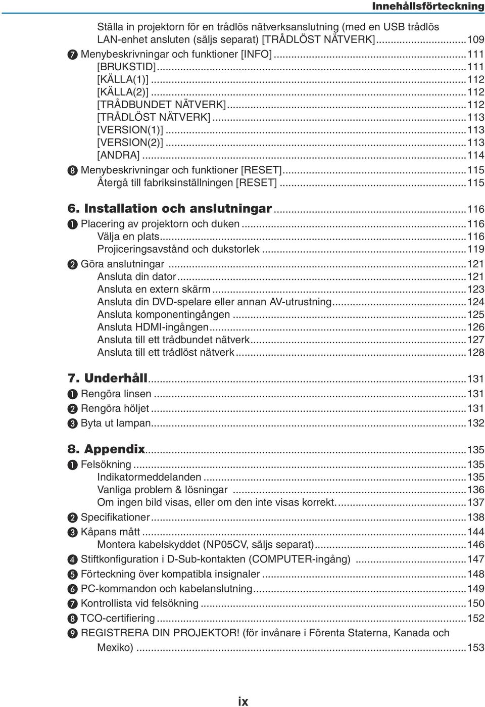 ..114 ❽ Menybeskrivningar och funktioner [RESET]...115 Återgå till fabriksinställningen [RESET]...115 6. Installation och anslutningar...116 ❶ Placering av projektorn och duken...116 Välja en plats.