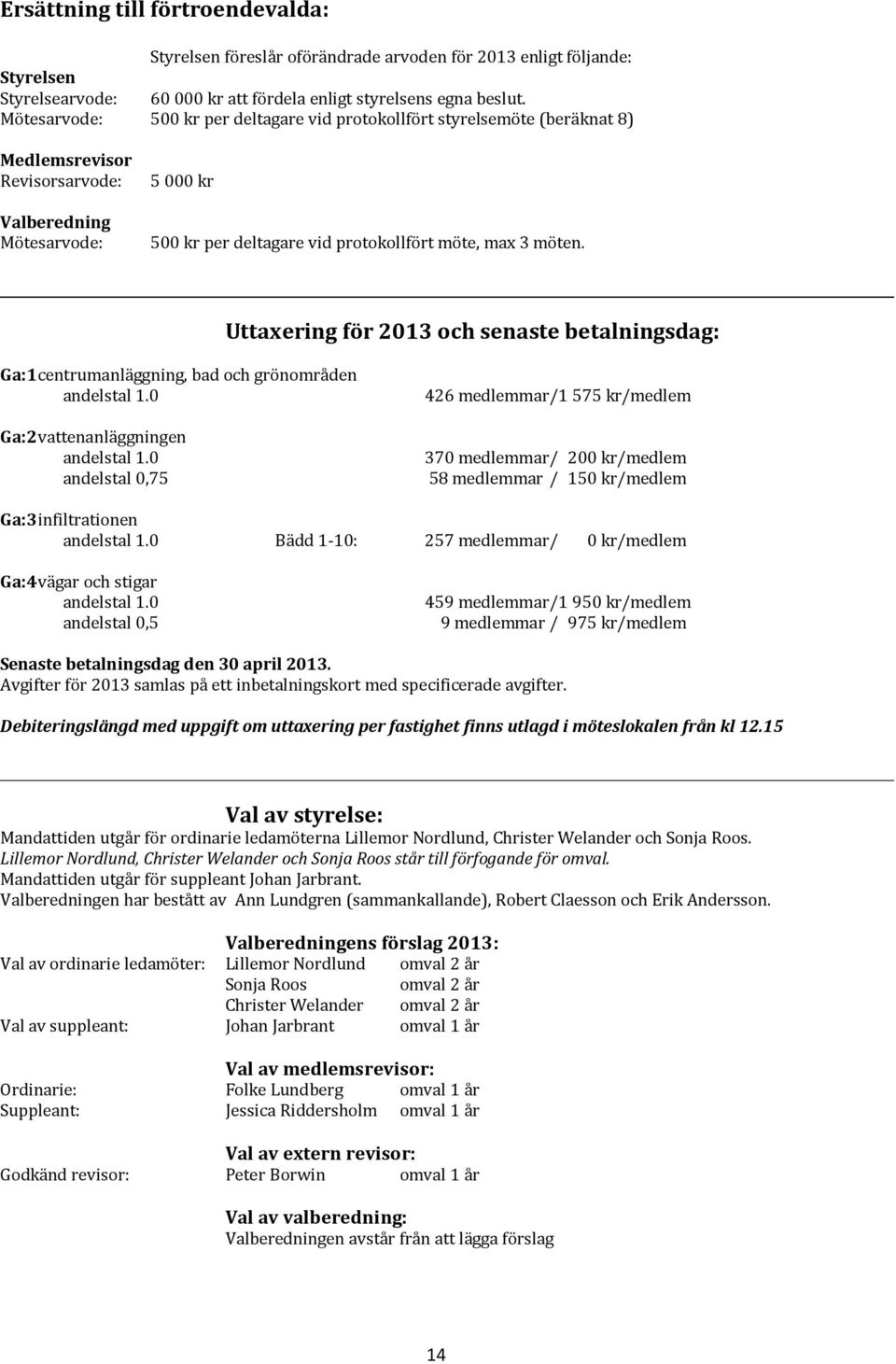 möten. Uttaxering för 2013 och senaste betalningsdag: Ga:1 centrumanläggning, bad och grönområden andelstal 1.0 Ga:2 vattenanläggningen andelstal 1.
