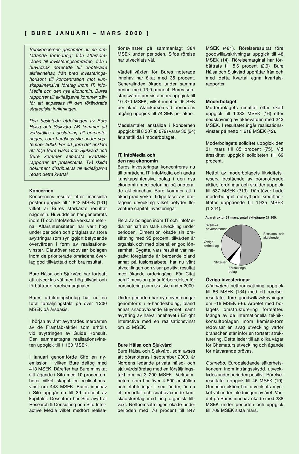 Bures rapporter till aktieägarna kommer därför att anpassas till den förändrade strategiska inriktningen.