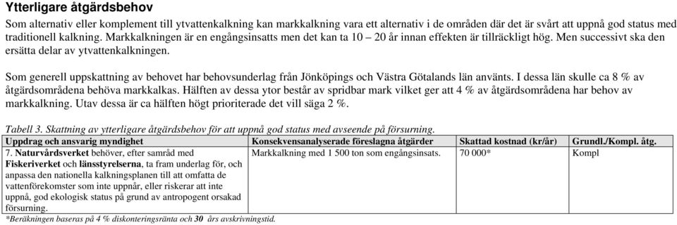 Som generell uppskattning av behovet har behovsunderlag från Jönköpings och Västra Götalands län använts. I dessa län skulle ca 8 % av åtgärdsområdena behöva markkalkas.