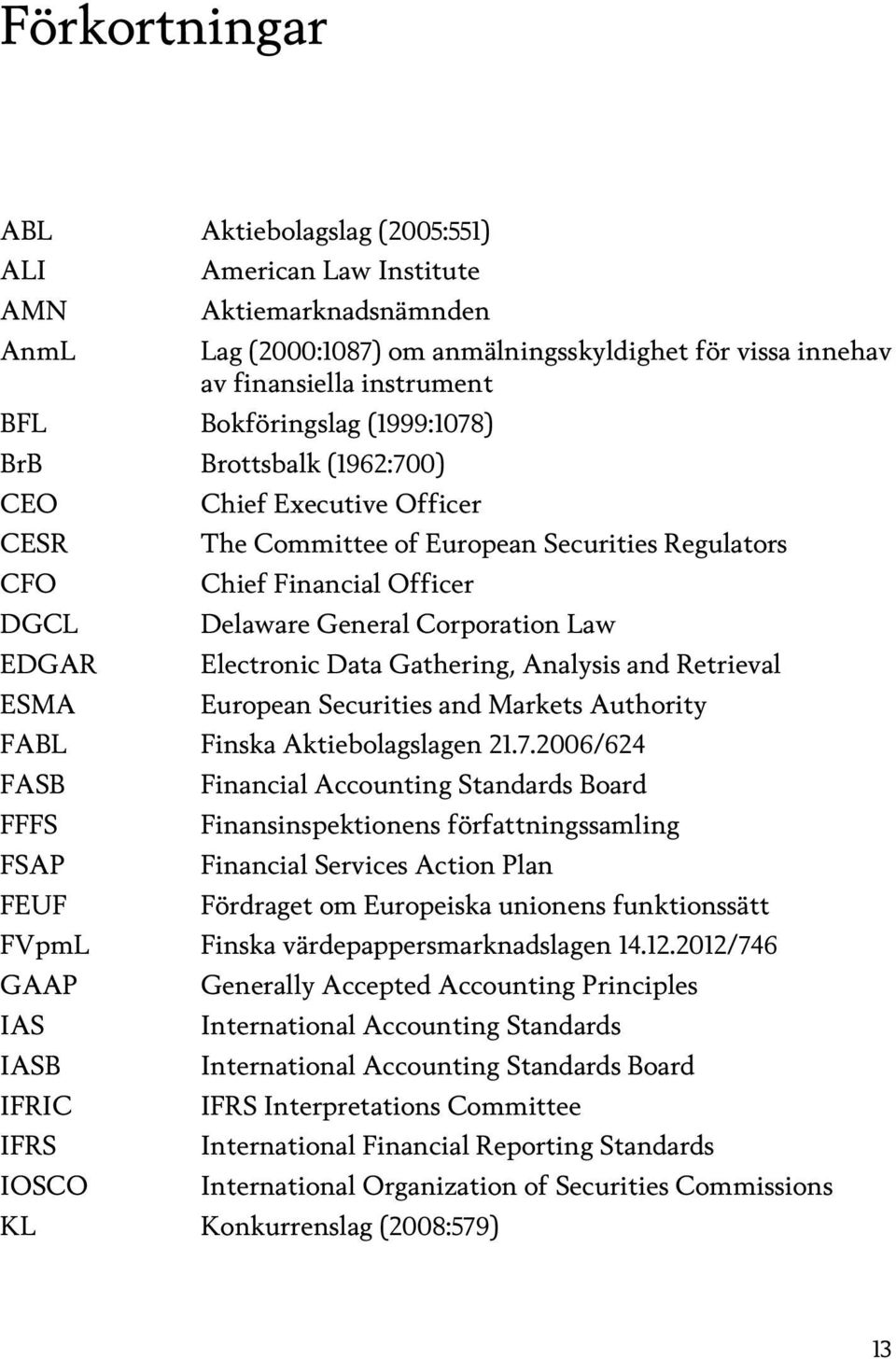 EDGAR Electronic Data Gathering, Analysis and Retrieval ESMA European Securities and Markets Authority FABL Finska Aktiebolagslagen 21.7.