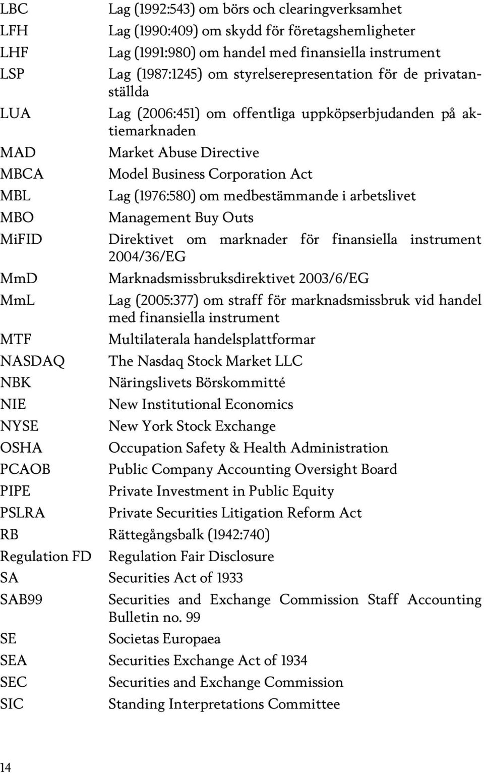 om medbestämmande i arbetslivet MBO Management Buy Outs MiFID Direktivet om marknader för finansiella instrument 2004/36/EG MmD Marknadsmissbruksdirektivet 2003/6/EG MmL Lag (2005:377) om straff för