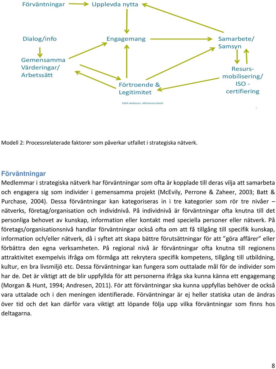 Förväntningar Medlemmar i strategiska nätverk har förväntningar som ofta är kopplade till deras vilja att samarbeta och engagera sig som individer i gemensamma projekt (McEvily, Perrone & Zaheer,