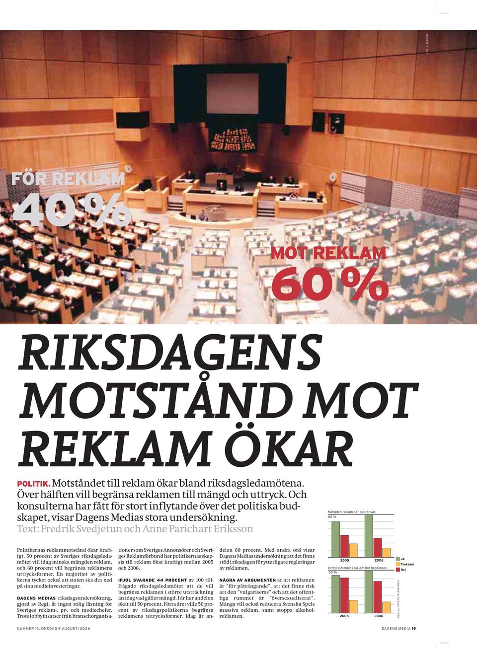 Text: Fredrik Svedjetun och Anne Parichart Eriksson Mängden reklam bör begränsas 60 % Politikernas reklammotstånd ökar kraftigt.