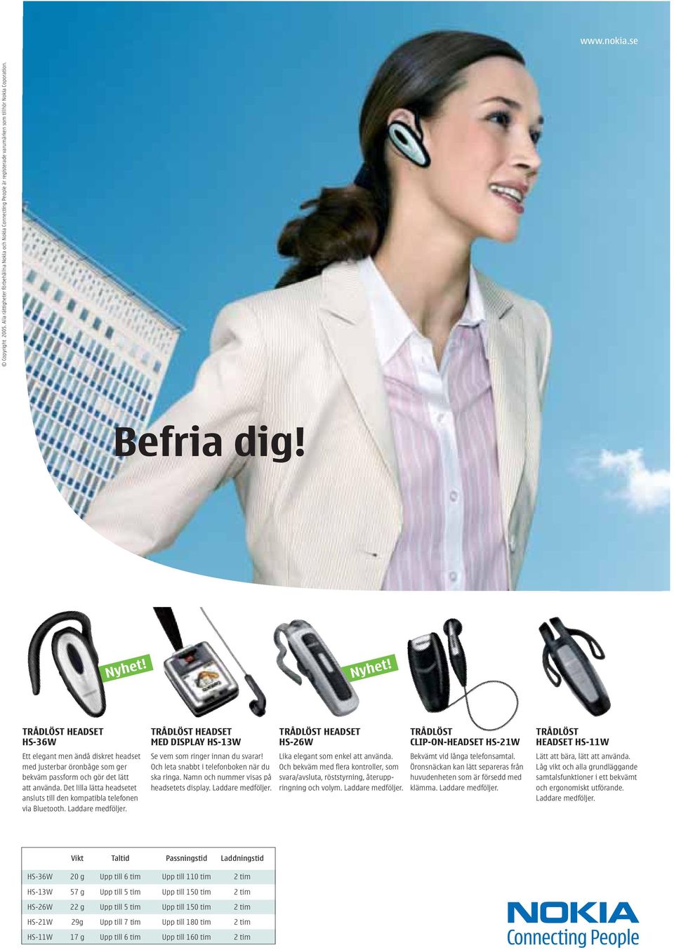 Det lilla lätta headsetet ansluts till den kompatibla telefonen via Bluetooth. Laddare medföljer. TRÅDLÖST HEADSET MED DISPLAY HS-13W Se vem som ringer innan du svarar!