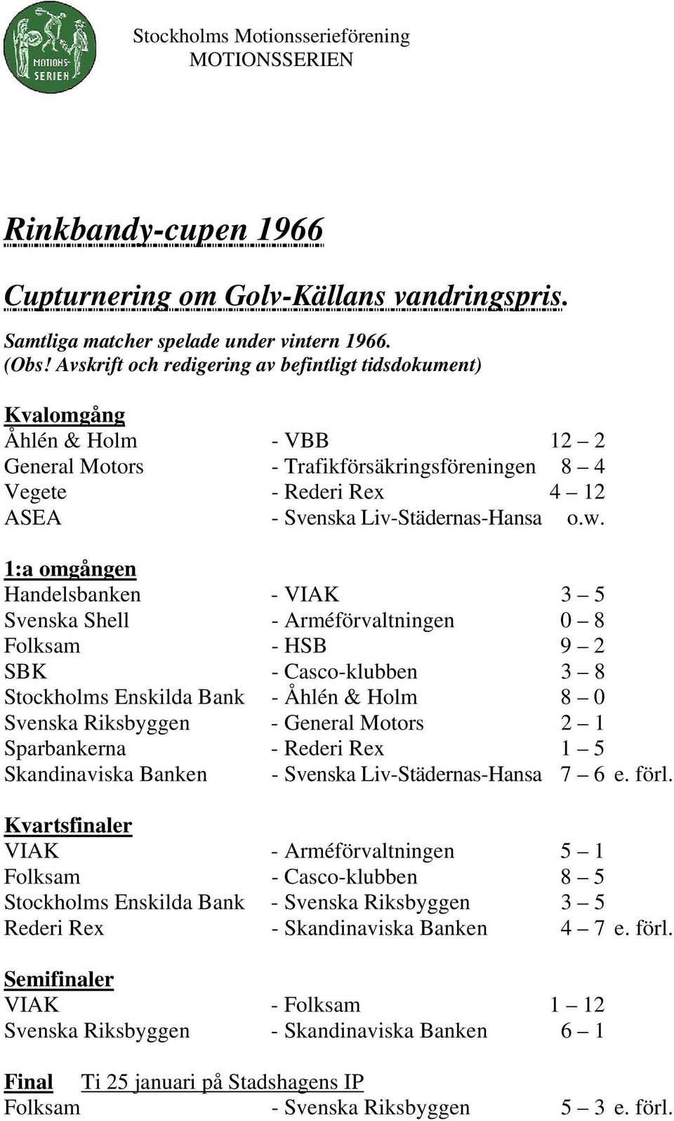 1:a omgången Handelsbanken - VIAK 3 5 Svenska Shell - Arméförvaltningen 0 8 Folksam - HSB 9 2 SBK - Casco-klubben 3 8 Stockholms Enskilda Bank - Åhlén & Holm 8 0 Svenska Riksbyggen - General Motors 2
