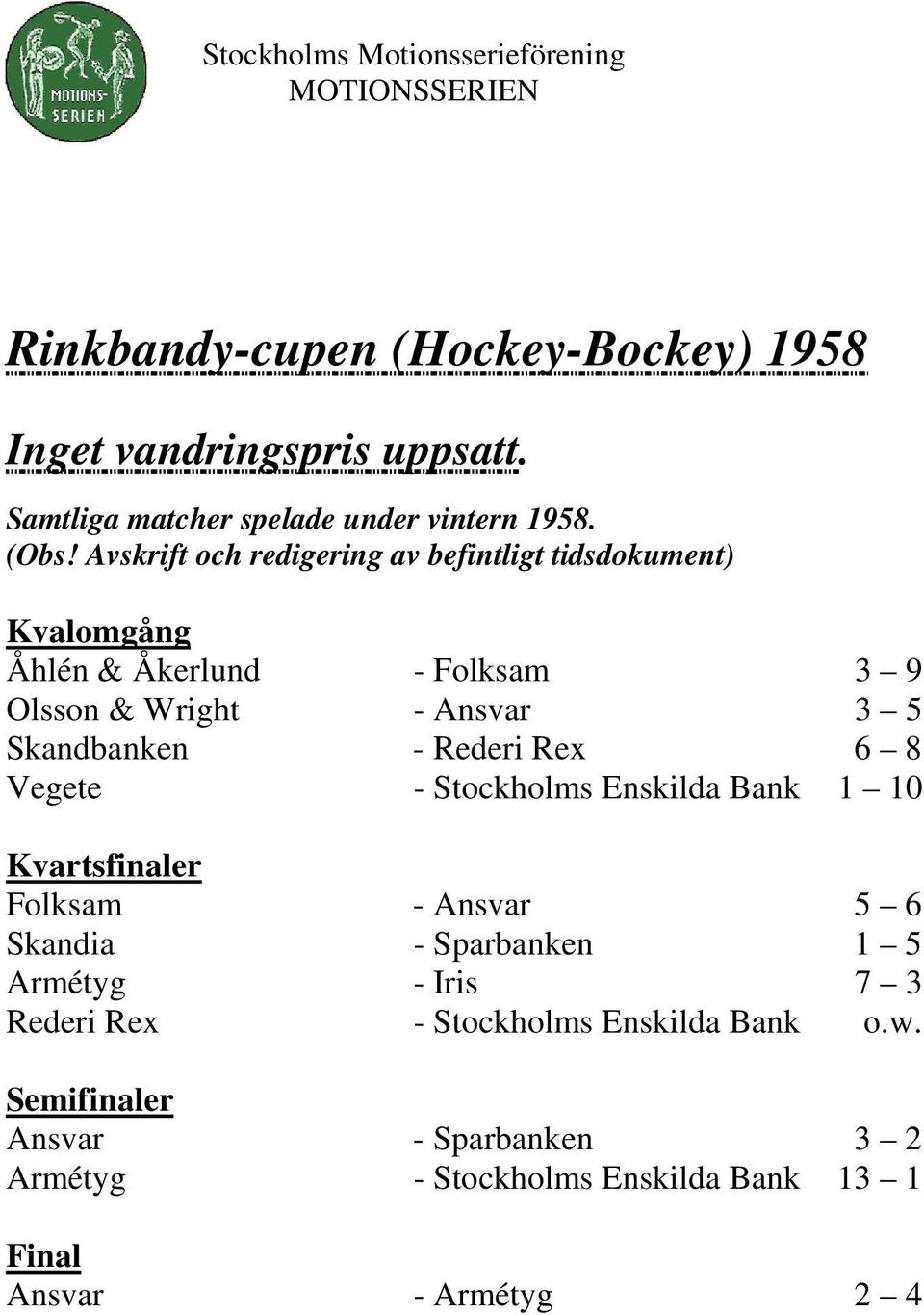 Skandbanken - Rederi Rex 6 8 Vegete - Stockholms Enskilda Bank 1 10 Kvartsfinaler Folksam - Ansvar 5 6 Skandia - Sparbanken 1 5