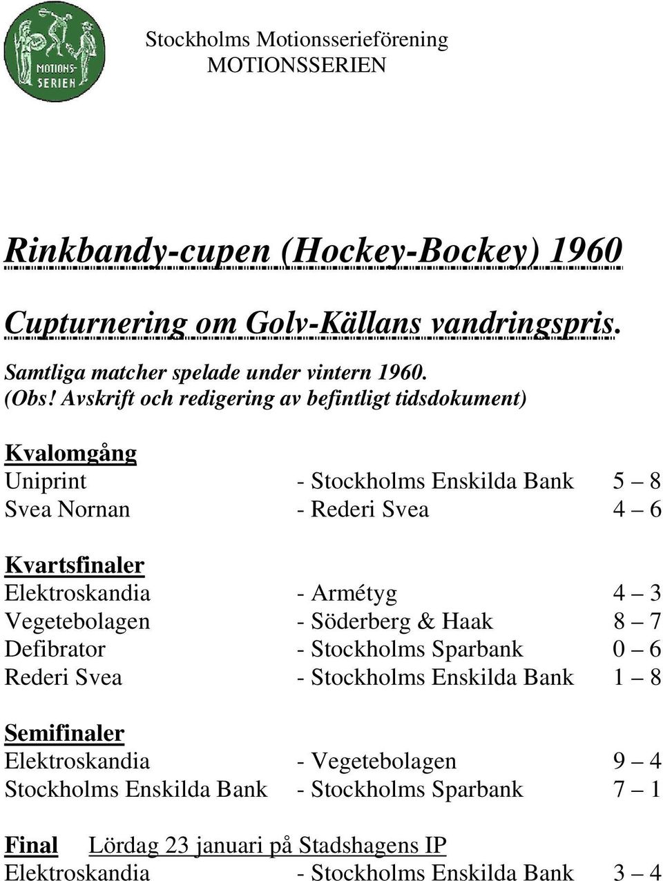 Elektroskandia - Armétyg 4 3 Vegetebolagen - Söderberg & Haak 8 7 Defibrator - Stockholms Sparbank 0 6 Rederi Svea - Stockholms Enskilda Bank 1 8