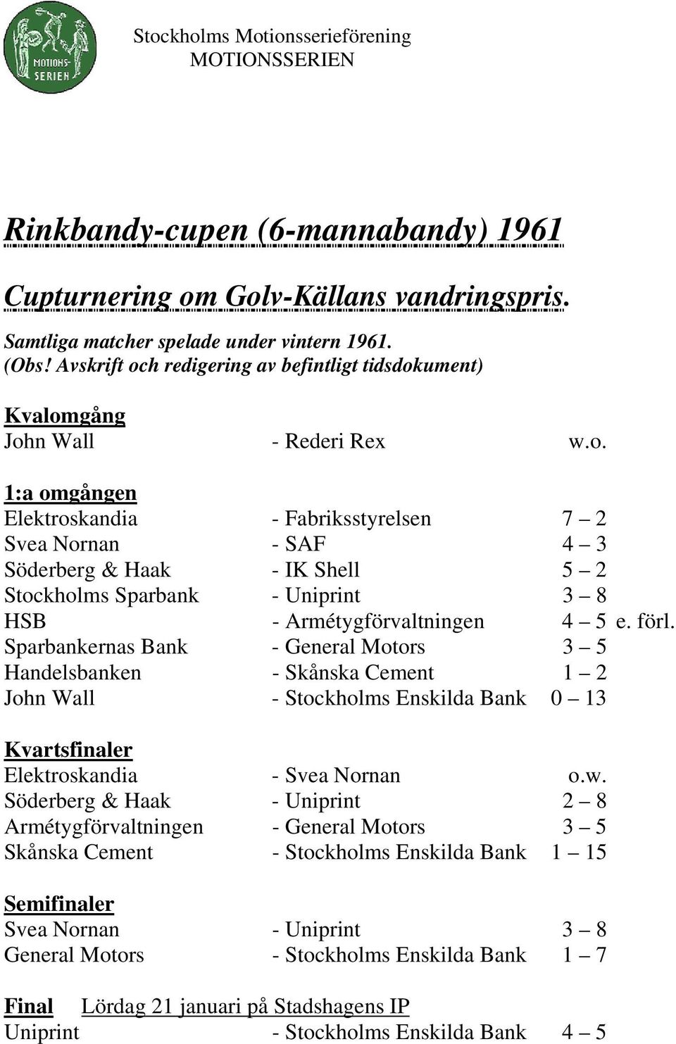 förl. Sparbankernas Bank - General Motors 3 5 Handelsbanken - Skånska Cement 1 2 John Wall - Stockholms Enskilda Bank 0 13 Kvartsfinaler Elektroskandia - Svea Nornan o.w.