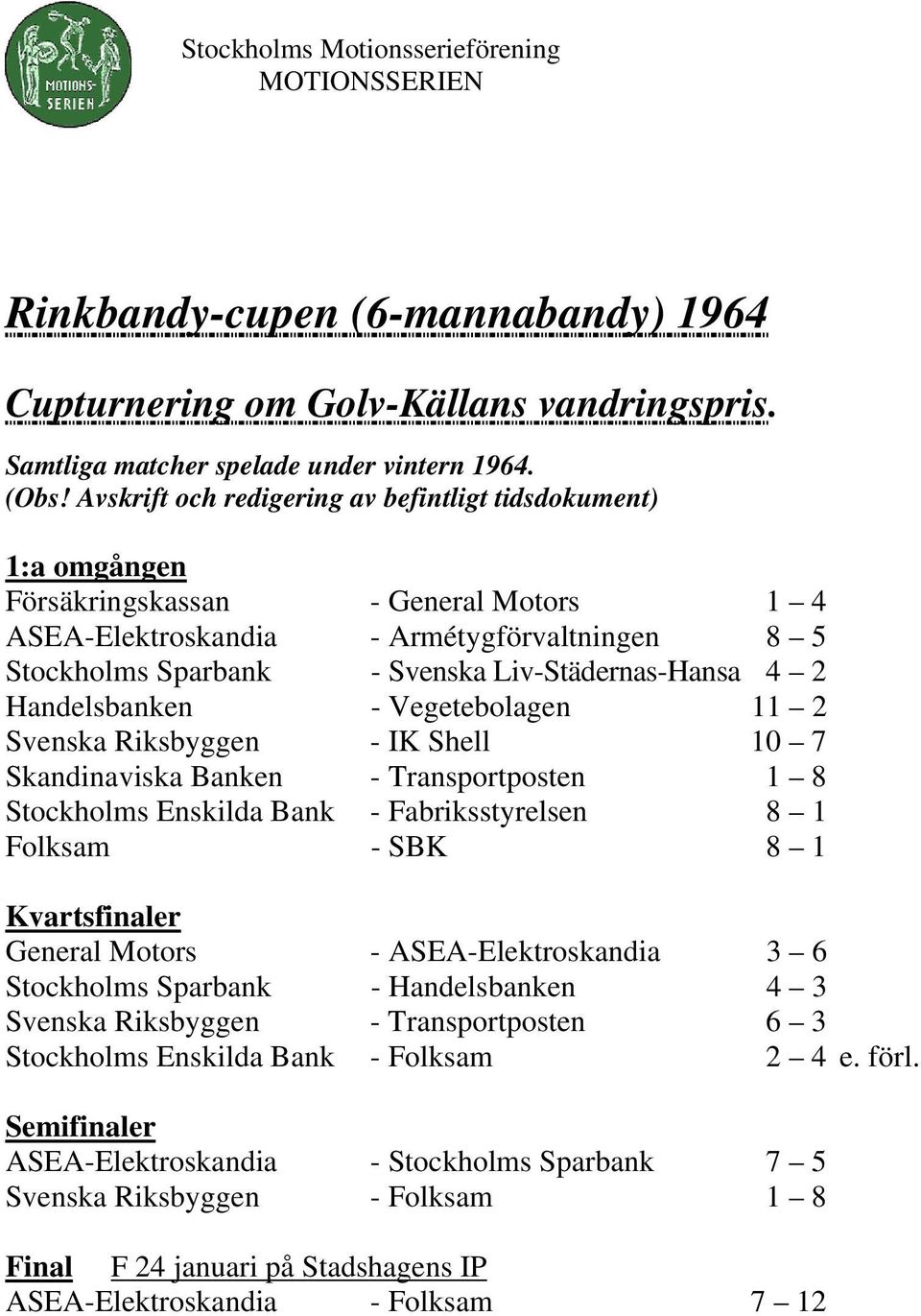 Liv-Städernas-Hansa 4 2 Handelsbanken - Vegetebolagen 11 2 Svenska Riksbyggen - IK Shell 10 7 Skandinaviska Banken - Transportposten 1 8 Stockholms Enskilda Bank - Fabriksstyrelsen 8 1 Folksam - SBK