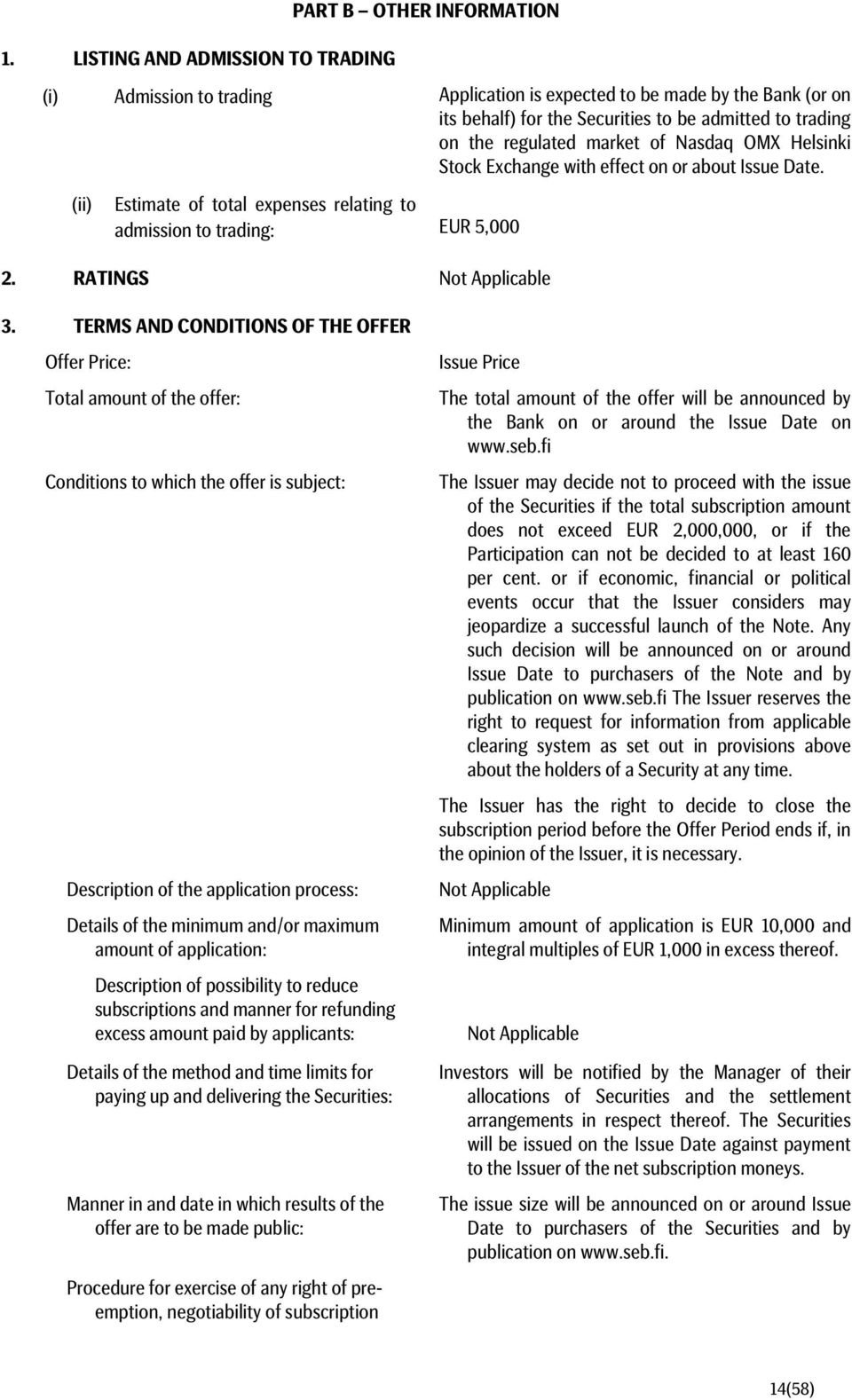 TERMS AND CONDITIONS OF THE OFFER Offer Price: Total amount of the offer: Conditions to which the offer is subject: Description of the application process: Details of the minimum and/or maximum