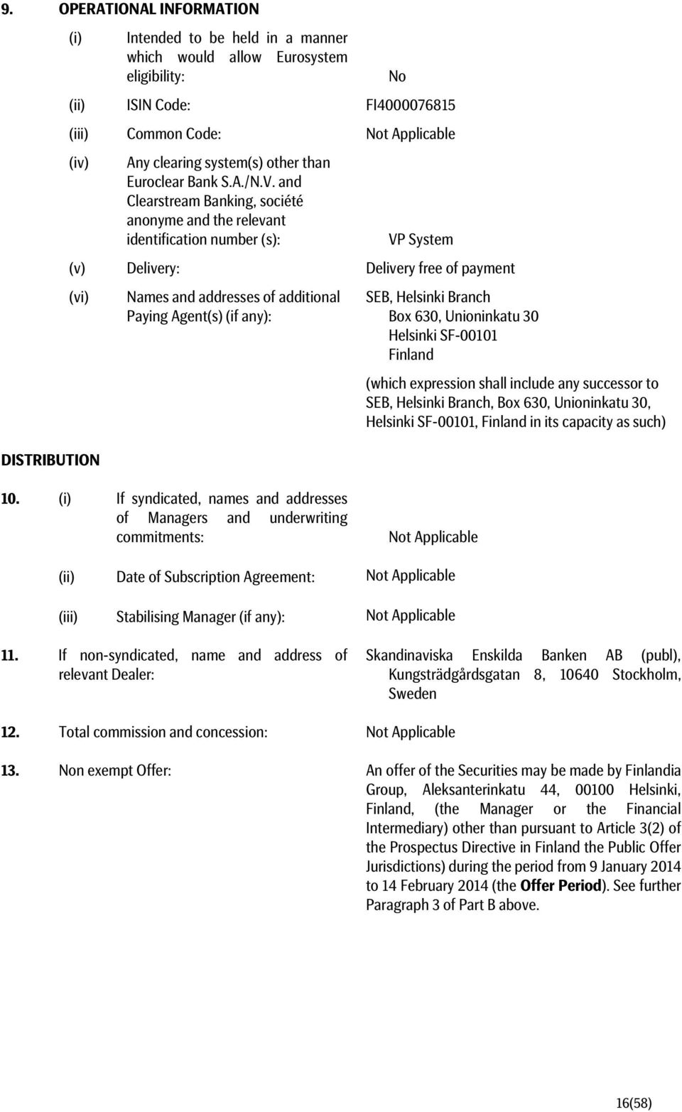 and Clearstream Banking, société anonyme and the relevant identification number (s): No VP System (v) Delivery: Delivery free of payment (vi) DISTRIBUTION Names and addresses of additional Paying