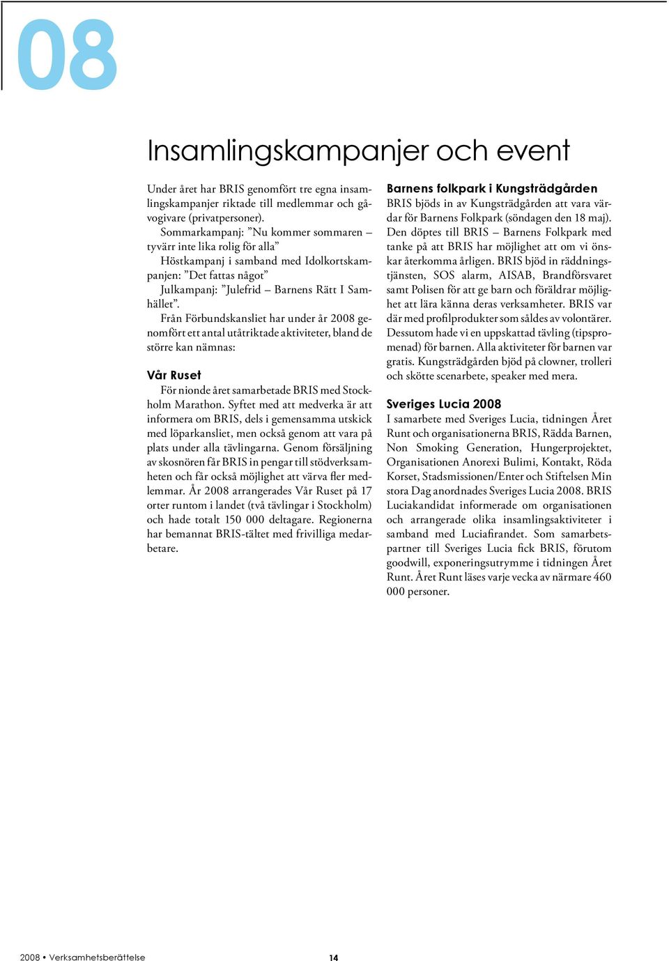 Från Förbundskansliet har under år 2008 genomfört ett antal utåtriktade aktiviteter, bland de större kan nämnas: Vår Ruset För nionde året samarbetade BRIS med Stockholm Marathon.