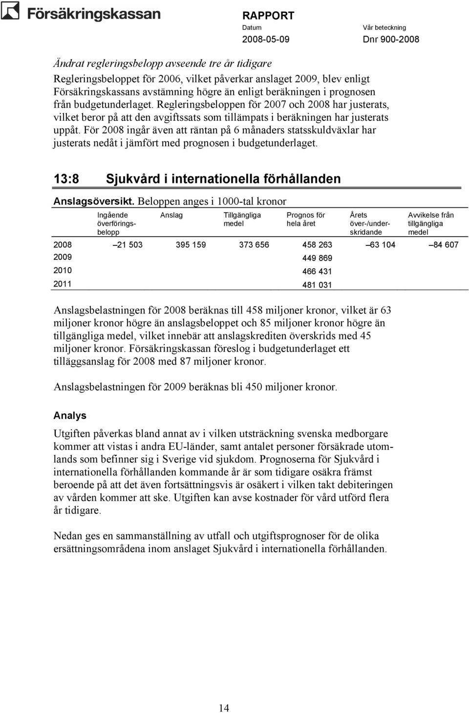 För 2008 ingår även att räntan på 6 månaders statsskuldväxlar har justerats nedåt i jämfört med prognosen i budgetunderlaget. 13:8 Sjukvård i internationella förhållanden söversikt.