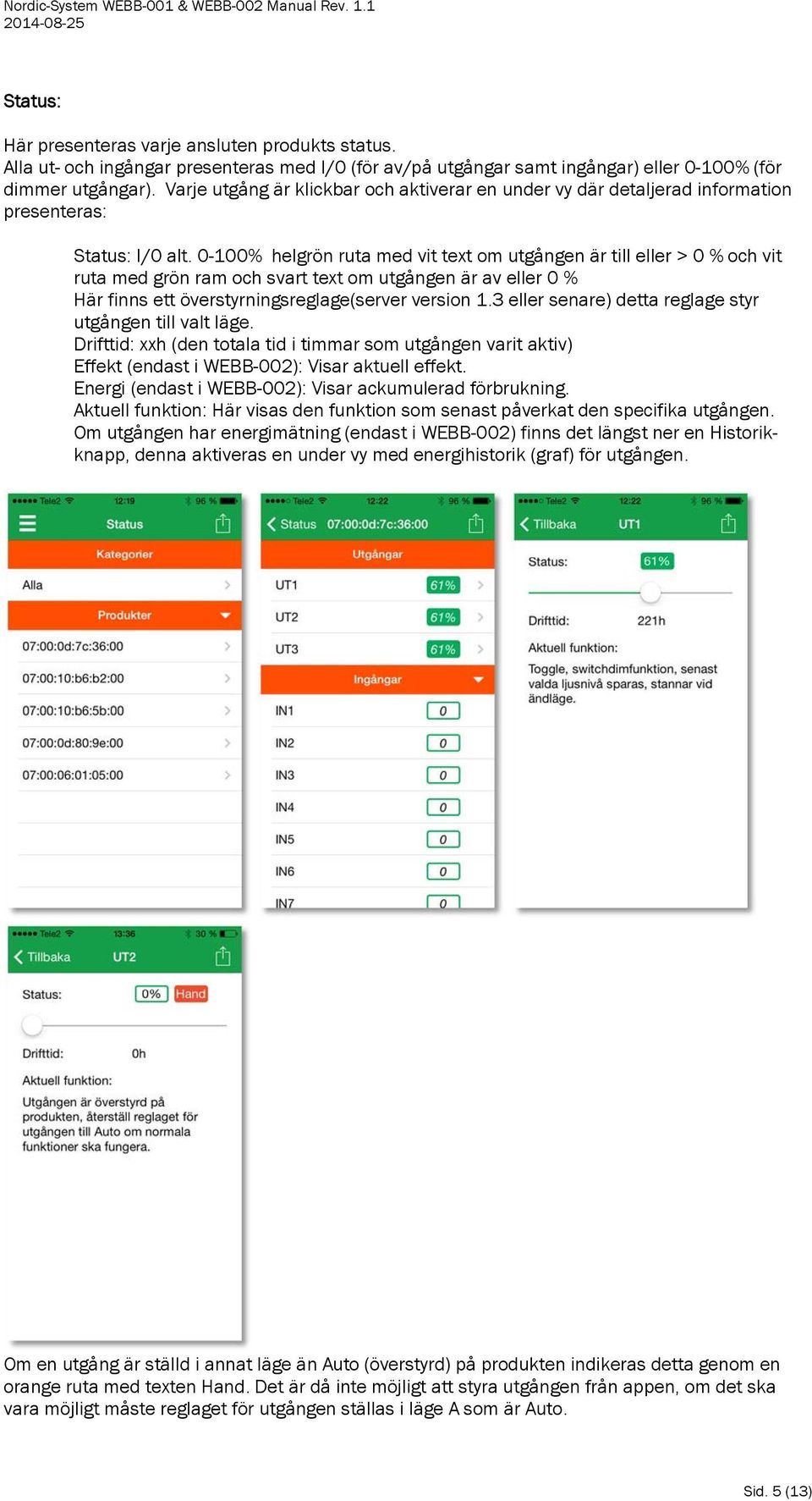 0-100% helgrön ruta med vit text om utgången är till eller > 0 % och vit ruta med grön ram och svart text om utgången är av eller 0 % Här finns ett överstyrningsreglage(server version 1.