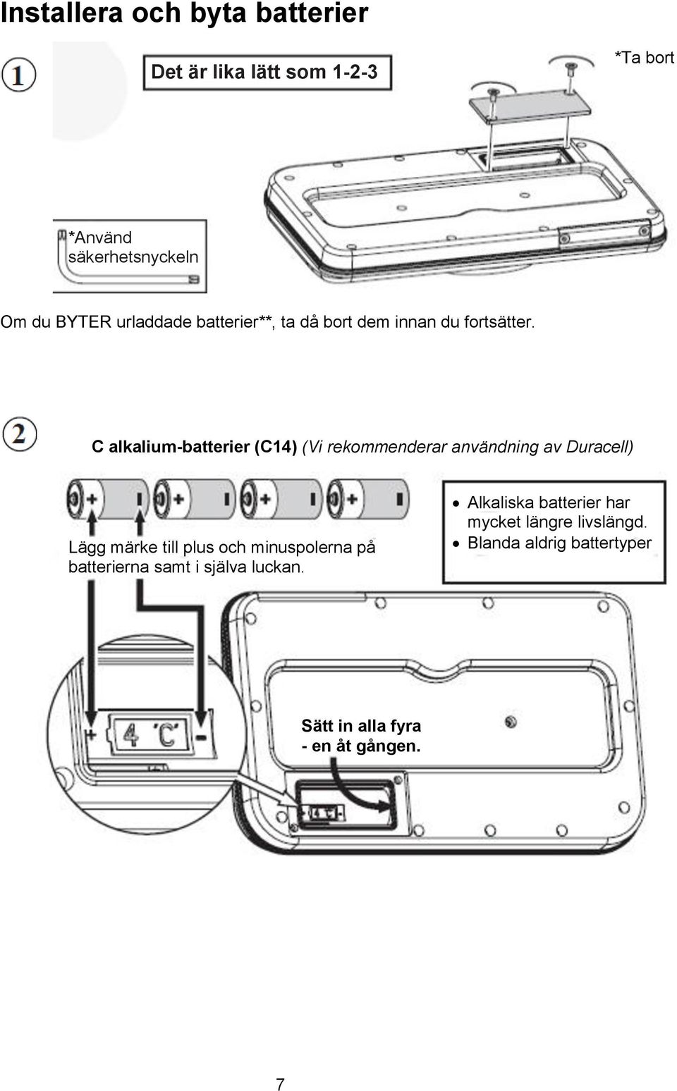 C alkalium-batterier (C14) (Vi rekommenderar användning av Duracell) Lägg märke till plus och