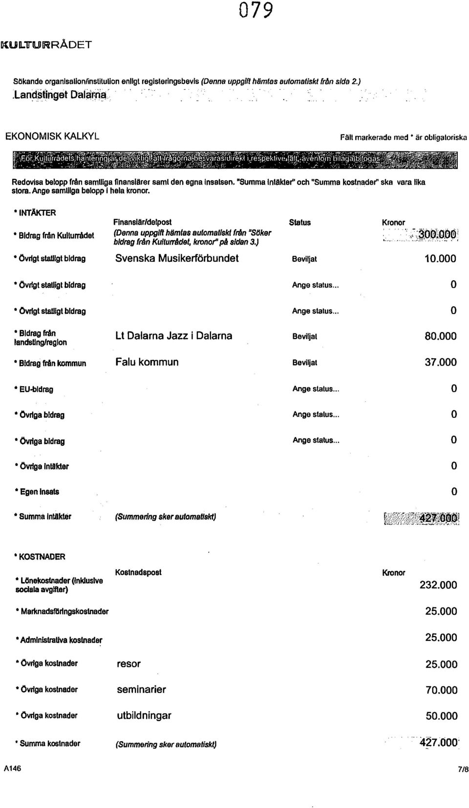 Ange samtliga belpp I hela krnr. INTÄKTER Bidrag från Kulturrådet FlnanslAr/delpst (Denna uppgift Mmtas autmatiskt (mn "SiJker bidrag (rim KultunMet, krnr" på sidan 3.