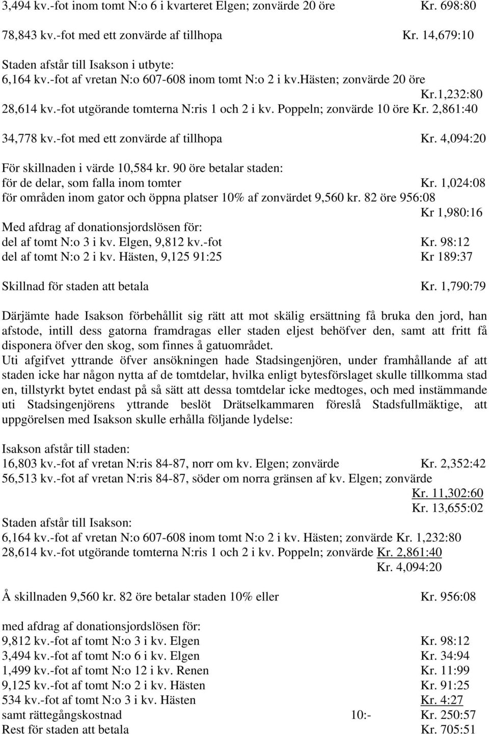 -fot med ett zonvärde af tillhopa Kr. 4,094:20 För skillnaden i värde 10,584 kr. 90 öre betalar staden: för de delar, som falla inom tomter Kr.