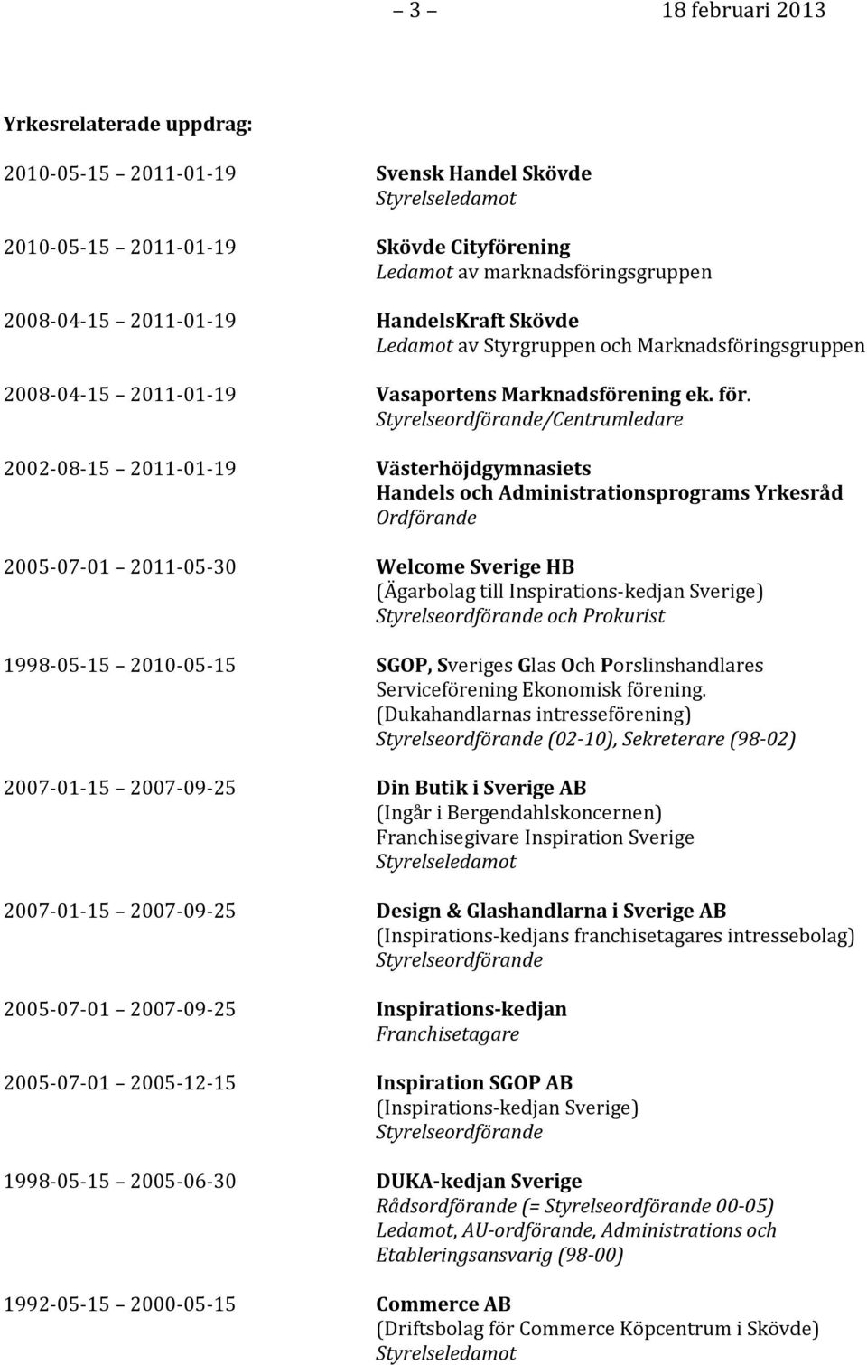 /Centrumledare 2002-08-15 2011-01-19 Västerhöjdgymnasiets Handels och Administrationsprograms Yrkesråd Ordförande 2005-07-01 2011-05-30 Welcome Sverige HB (Ägarbolag till Inspirations-kedjan Sverige)