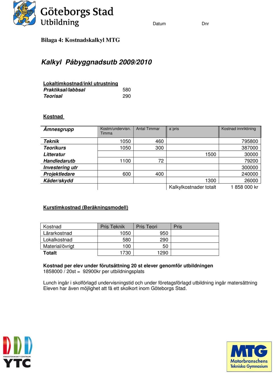 Käder/skydd 1300 26000 Kalkylkostnader totalt 1 858 000 kr Kurstimkostnad (Beräkningsmodell) Kostnad Pris Teknik Pris Teori Pris Lärarkostnad 1050 950 Lokalkostnad 580 290 Material/övrigt 100 50