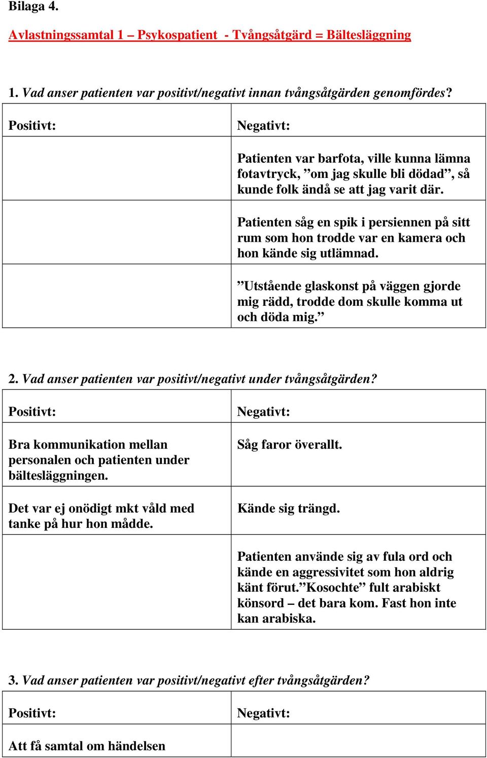 Patienten såg en spik i persiennen på sitt rum som hon trodde var en kamera och hon kände sig utlämnad. Utstående glaskonst på väggen gjorde mig rädd, trodde dom skulle komma ut och döda mig.