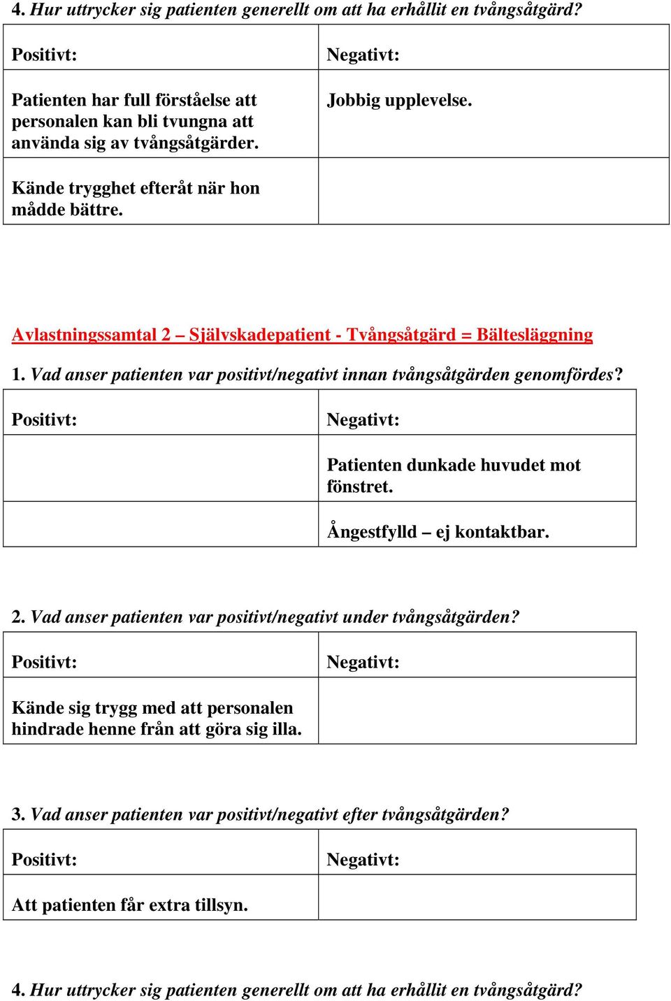 Vad anser patienten var positivt/negativt innan tvångsåtgärden genomfördes? Positivt: Negativt: Patienten dunkade huvudet mot fönstret. Ångestfylld ej kontaktbar.