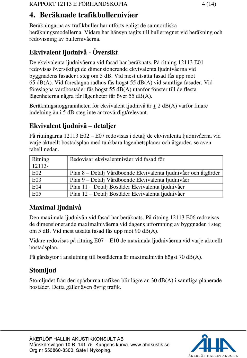 På ritning 12113 E01 redovisas översiktligt de dimensionerande ekvivalenta ljudnivåerna vid byggnadens fasader i steg om 5 db. Vid mest utsatta fasad fås upp mot 65 db(a).