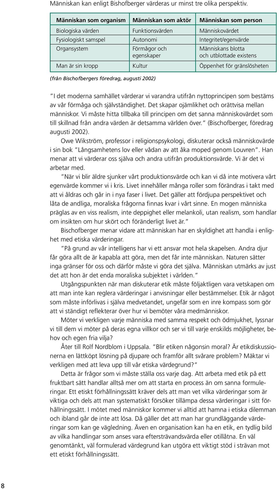 blotta egenskaper och utblottade existens Man är sin kropp Kultur Öppenhet för gränslösheten (från Bischofbergers föredrag, augusti 2002) I det moderna samhället värderar vi varandra utifrån