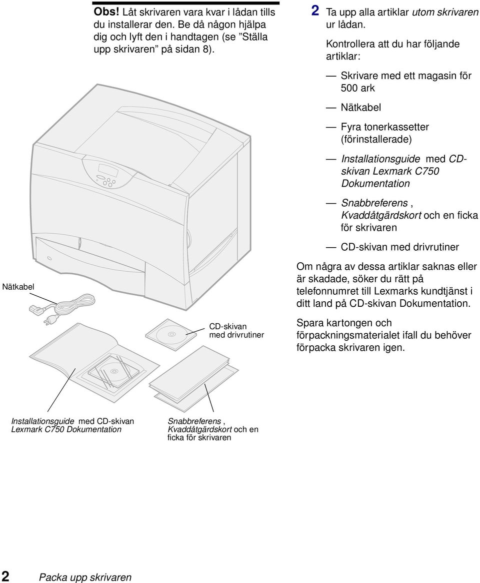 Kontrollera att du har följande artiklar: Skrivare med ett magasin för 500 ark Nätkabel Fyra tonerkassetter (förinstallerade) Installationsguide med CDskivan Lexmark C750 Dokumentation Snabbreferens,