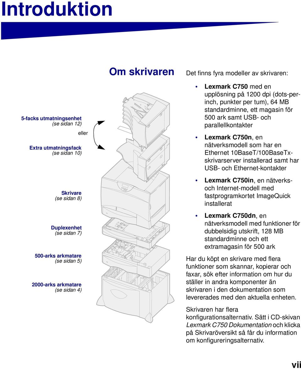 parallellkontakter Lexmark C750n, en nätverksmodell som har en Ethernet 10BaseT/100BaseTxskrivarserver installerad samt har USB- och Ethernet-kontakter Lexmark C750in, en nätverksoch Internet-modell