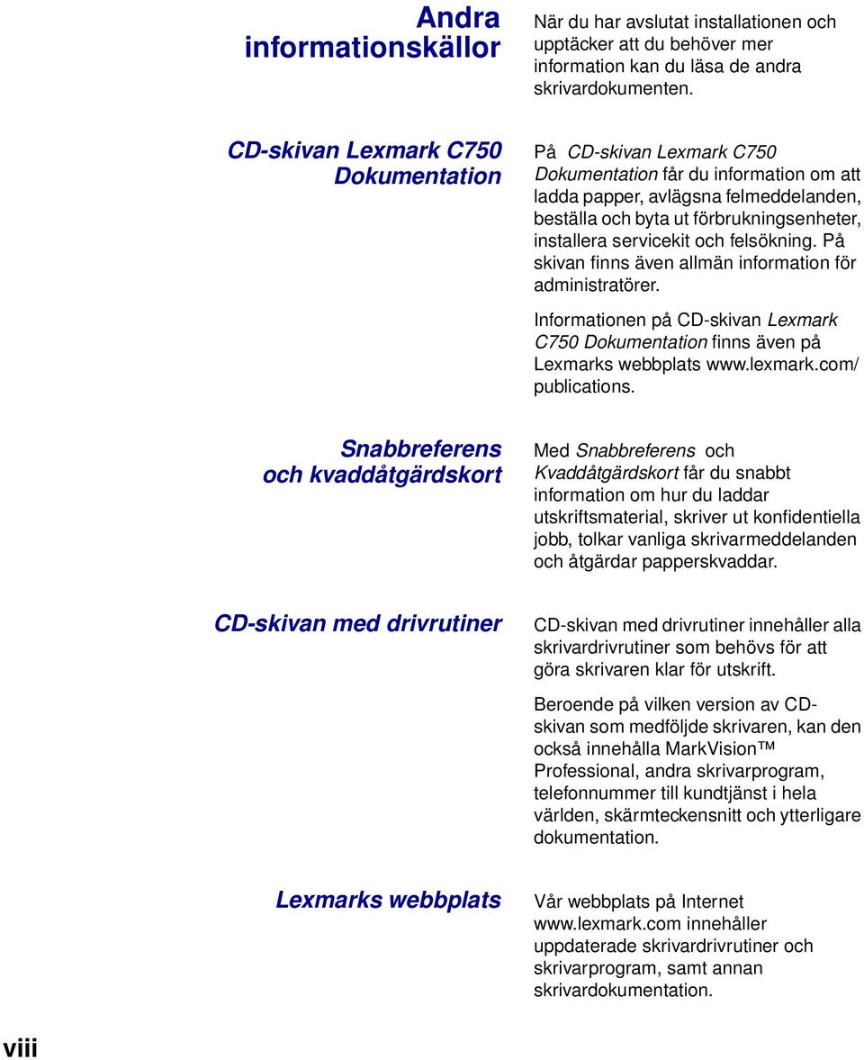 servicekit och felsökning. På skivan finns även allmän information för administratörer. Informationen på CD-skivan Lexmark C750 Dokumentation finns även på Lexmarks webbplats www.lexmark.