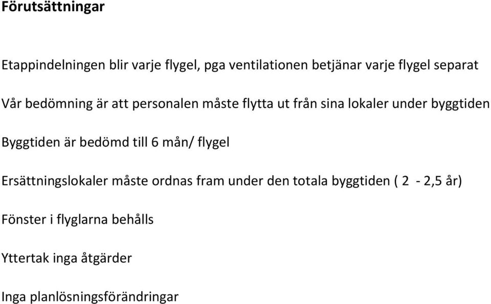 Byggtiden är bedömd till 6 mån/ flygel Ersättningslokaler måste ordnas fram under den totala