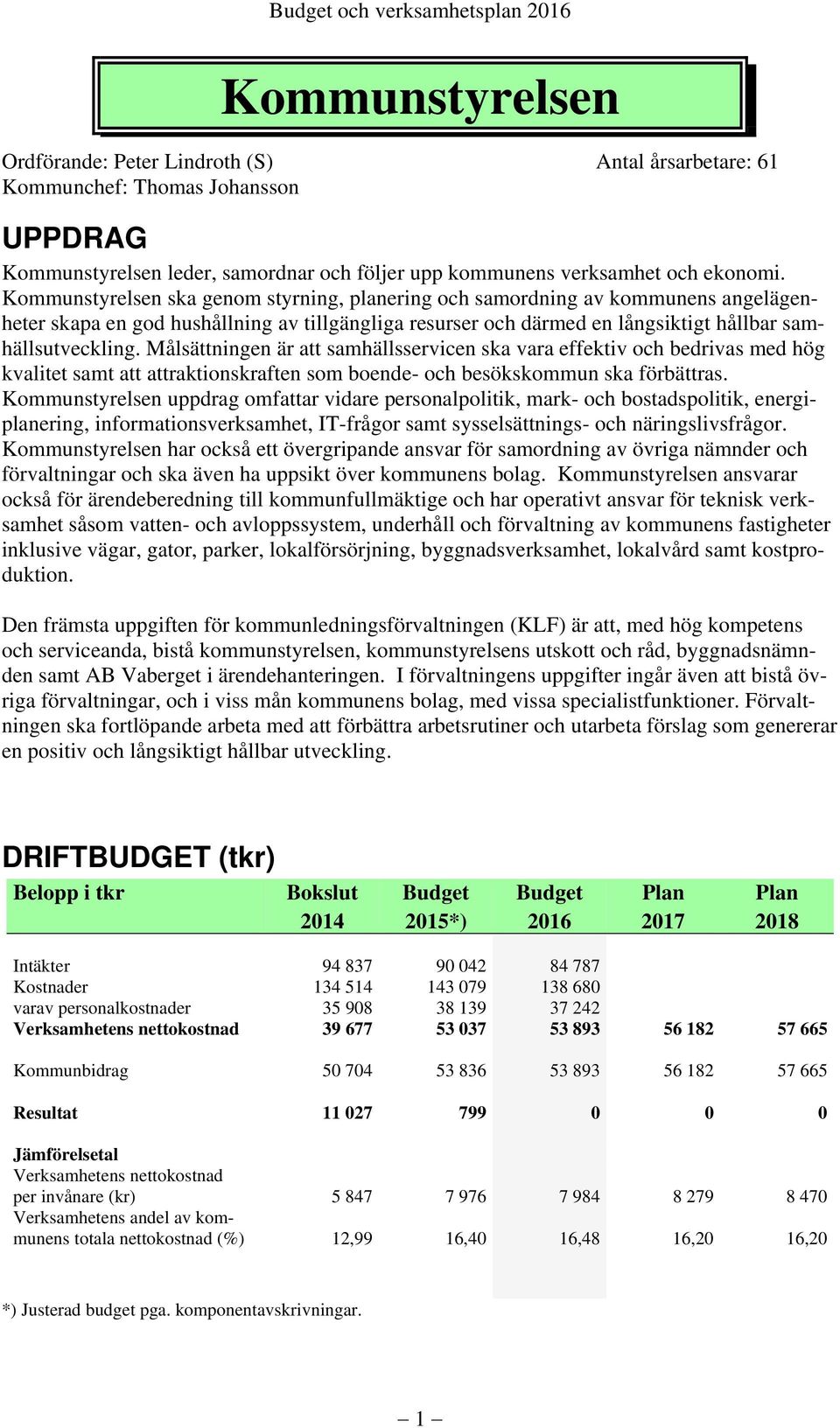 Kommunstyrelsen ska genom styrning, planering och samordning av kommunens angelägenheter skapa en god hushållning av tillgängliga resurser och därmed en långsiktigt hållbar samhällsutveckling.