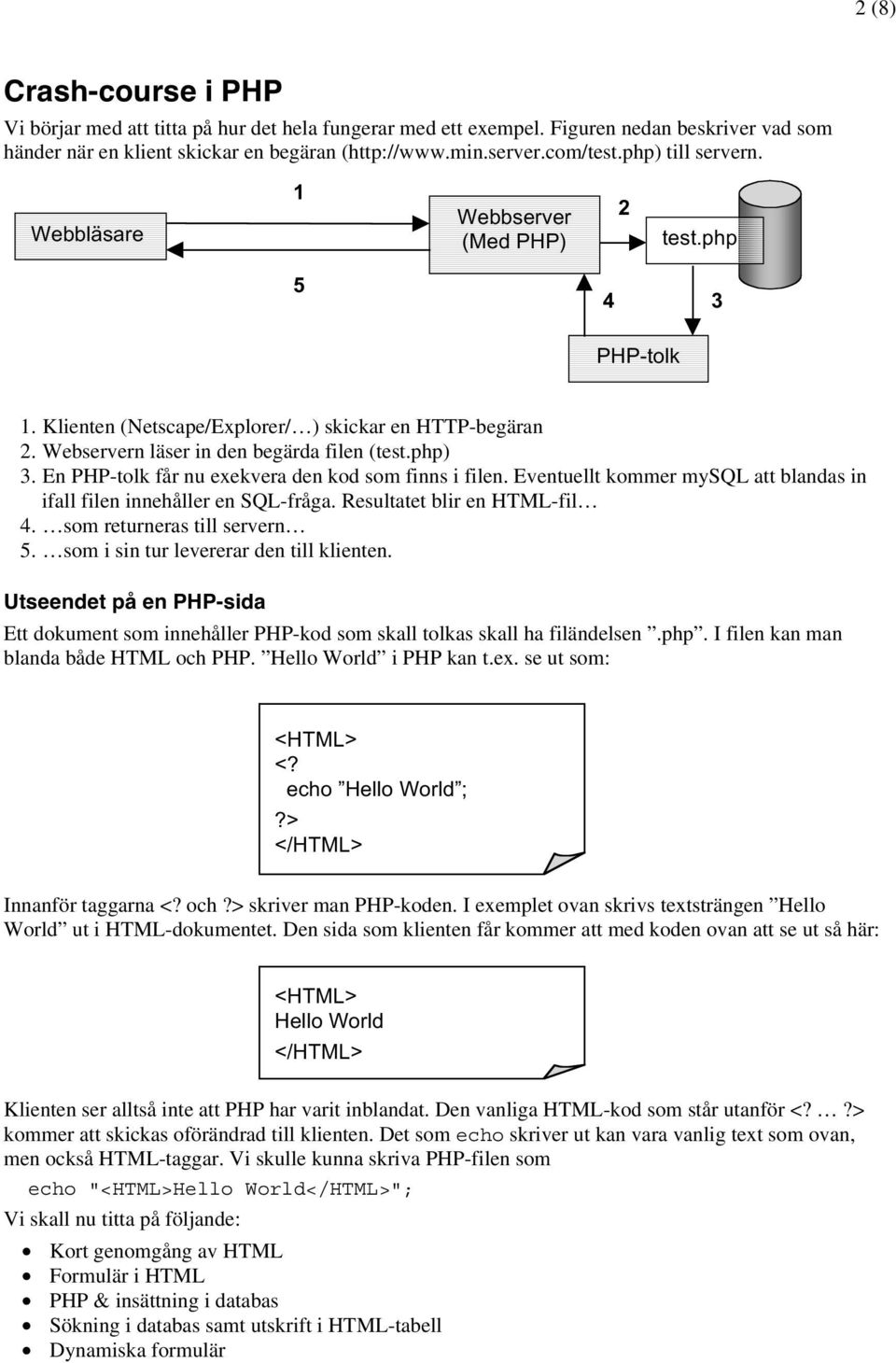 En PHP-tolk får nu exekvera den kod som finns i filen. Eventuellt kommer mysql att blandas in ifall filen innehåller en SQL-fråga. Resultatet blir en HTML-fil 4. som returneras till servern 5.