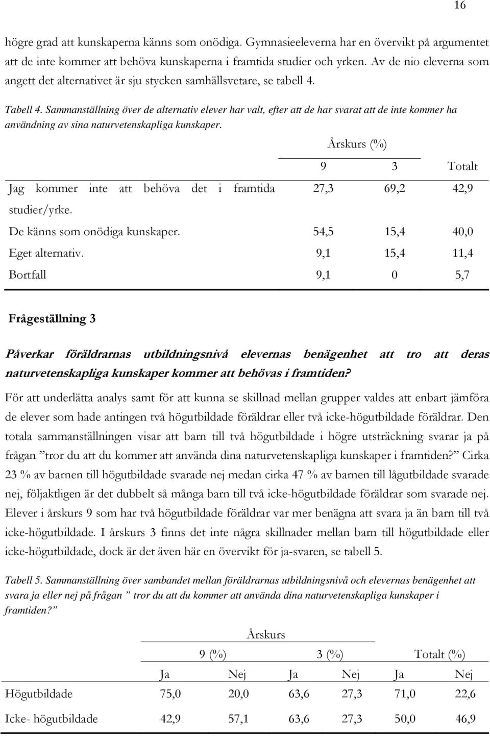 Sammanställning över de alternativ elever har valt, efter att de har svarat att de inte kommer ha användning av sina naturvetenskapliga kunskaper.