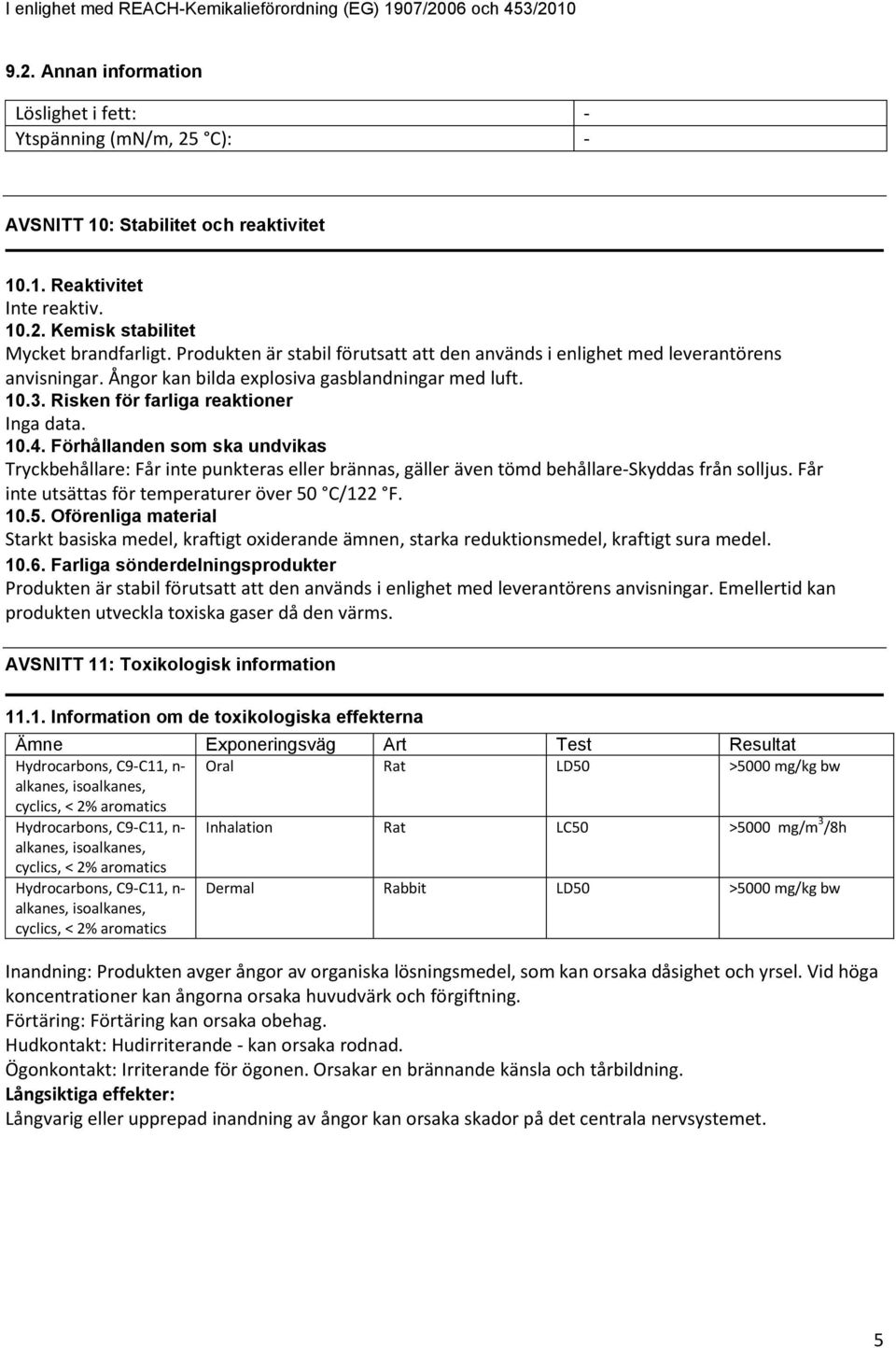 Risken för farliga reaktioner Inga data. 10.4. Förhållanden som ska undvikas Tryckbehållare: Får inte punkteras eller brännas, gäller även tömd behållareskyddas från solljus.