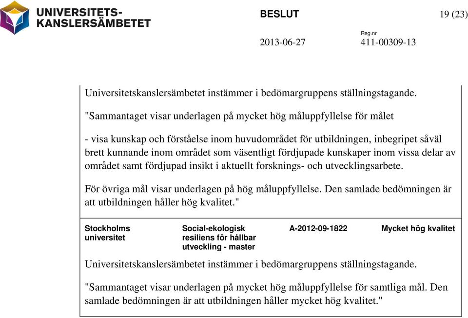 fördjupade kunskaper inom vissa delar av området samt fördjupad insikt i aktuellt forsknings- och utvecklingsarbete. För övriga mål visar underlagen på hög måluppfyllelse.