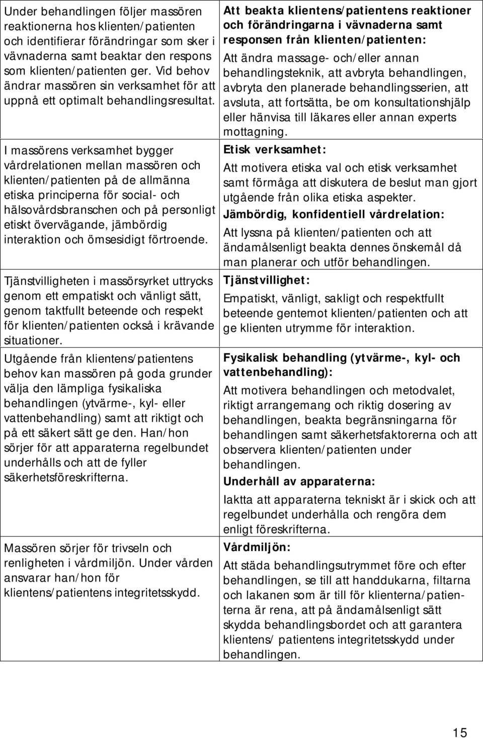 I massörens verksamhet bygger vårdrelationen mellan massören och klienten/patienten på de allmänna etiska principerna för social- och hälsovårdsbranschen och på personligt etiskt övervägande,