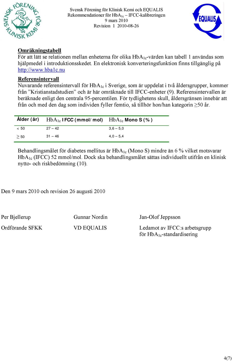 nu Referensintervall Nuvarande referensintervall för HbA 1c i Sverige, som är uppdelat i två åldersgrupper, kommer från Kristianstadstudien och är här omräknade till IFCC-enheter (9).