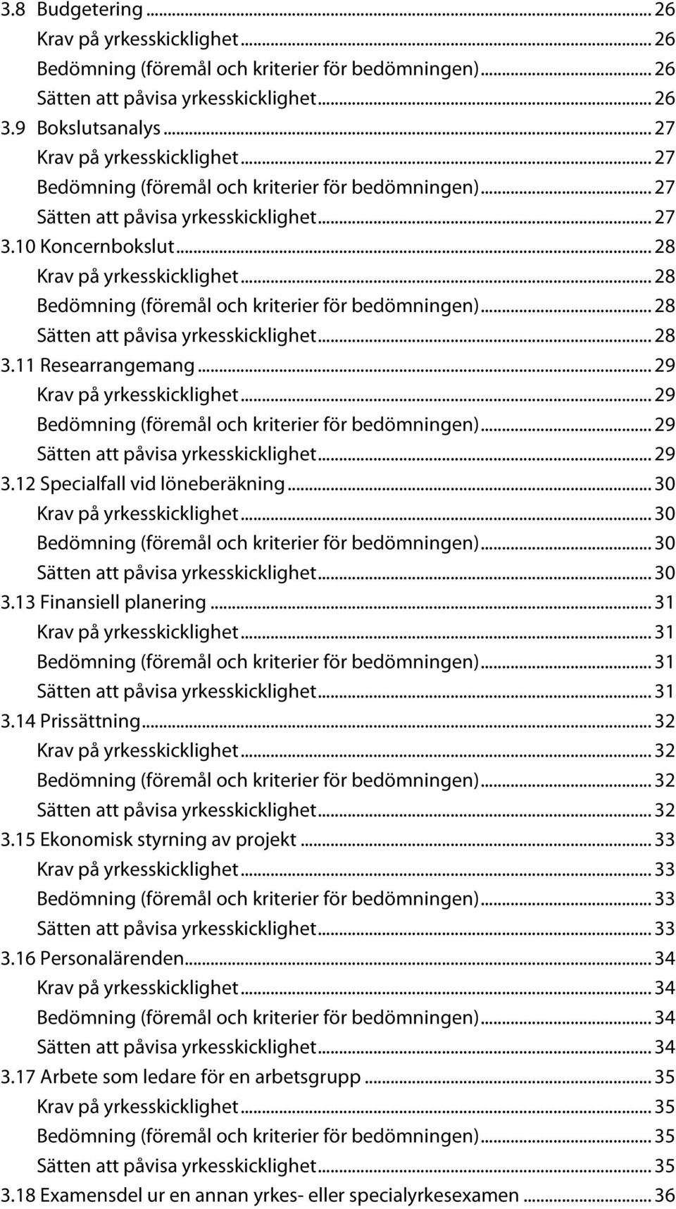 .. 28 Bedömning (föremål och kriterier för bedömningen)... 28 Sätten att påvisa yrkesskicklighet... 28 3.11 Researrangemang... 29 Krav på yrkesskicklighet.