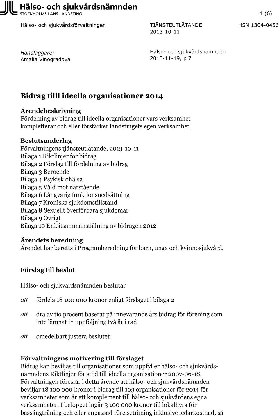 Beslutsunderlag Förvaltningens tjänsteutlåtande, 2013-10-11 Bilaga 1 Riktlinjer för bidrag Bilaga 2 Förslag till fördelning av bidrag Bilaga 3 Beroende Bilaga 4 Psykisk ohälsa Bilaga 5 Våld mot