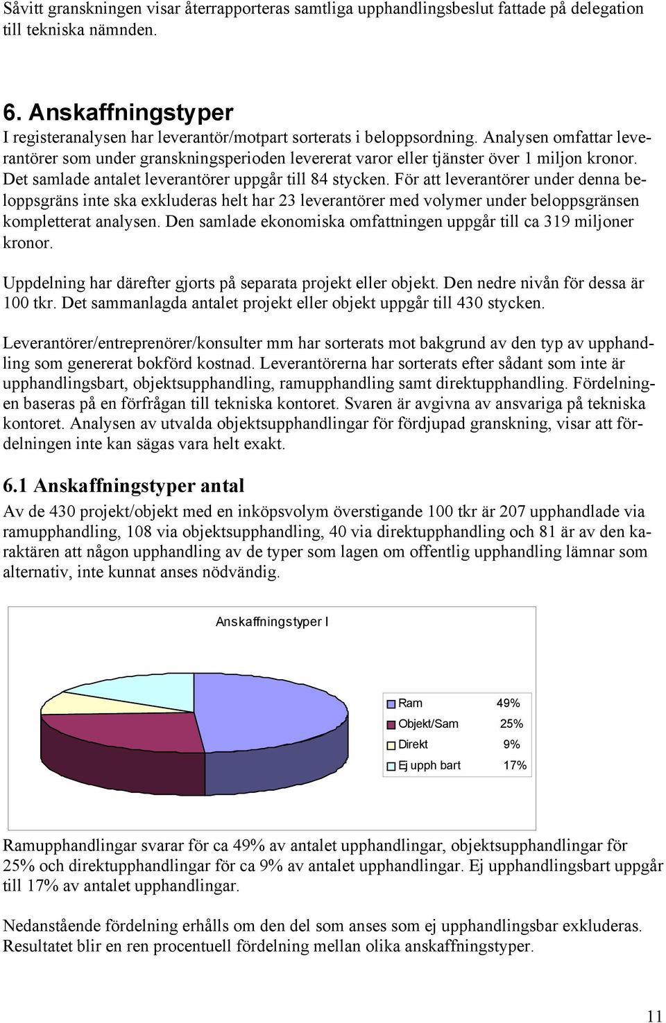 Analysen omfattar leverantörer som under granskningsperioden levererat varor eller tjänster över 1 miljon kronor. Det samlade antalet leverantörer uppgår till 84 stycken.