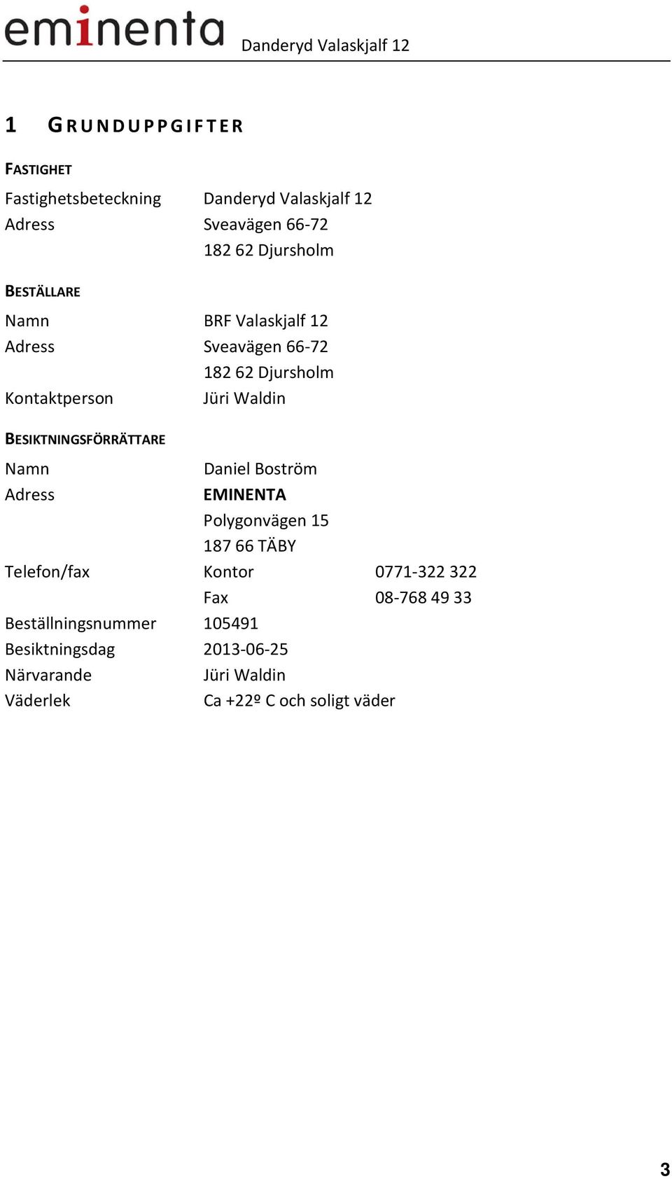 BESIKTNINGSFÖRRÄTTARE Namn Adress Daniel Boström EMINENTA Polygonvägen 15 18766 TÄBY Telefon/fax Kontor 0771-322322