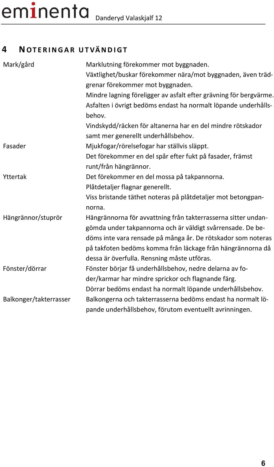 Asfalten i övrigt bedöms endast ha normalt löpande underhållsbehov. Vindskydd/räcken för altanerna har en del mindre rötskador samt mer generellt underhållsbehov.