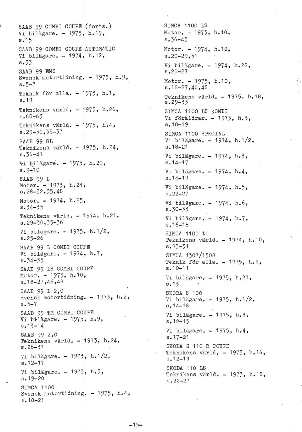 - 1974, h0259 s. 34-35 Teknikens vard. - 1974, h. 21, s.29-30,35-36 1 Vi biägare. - 1975. h./2, S. 25-26 SAAB 99 L COMB COUE Vi biägare. - 1974, h.7, s. 34-35 SAAB 99 LS COMB COUPE Motor. - 1975, h.