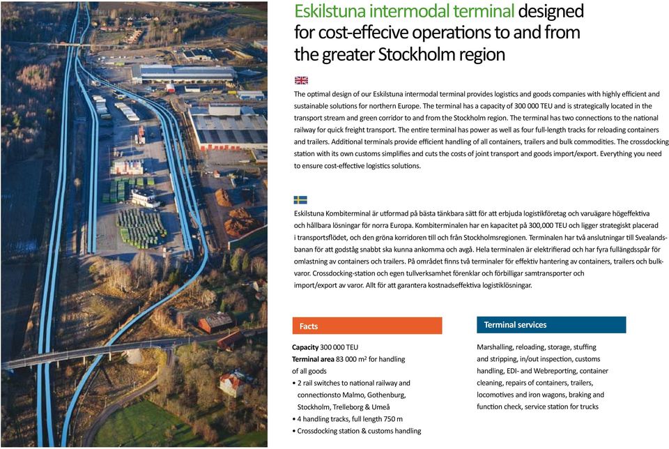 The terminal has a capacity of 300 000 TEU and is strategically located in the transport stream and green corridor to and from the Stockholm region.