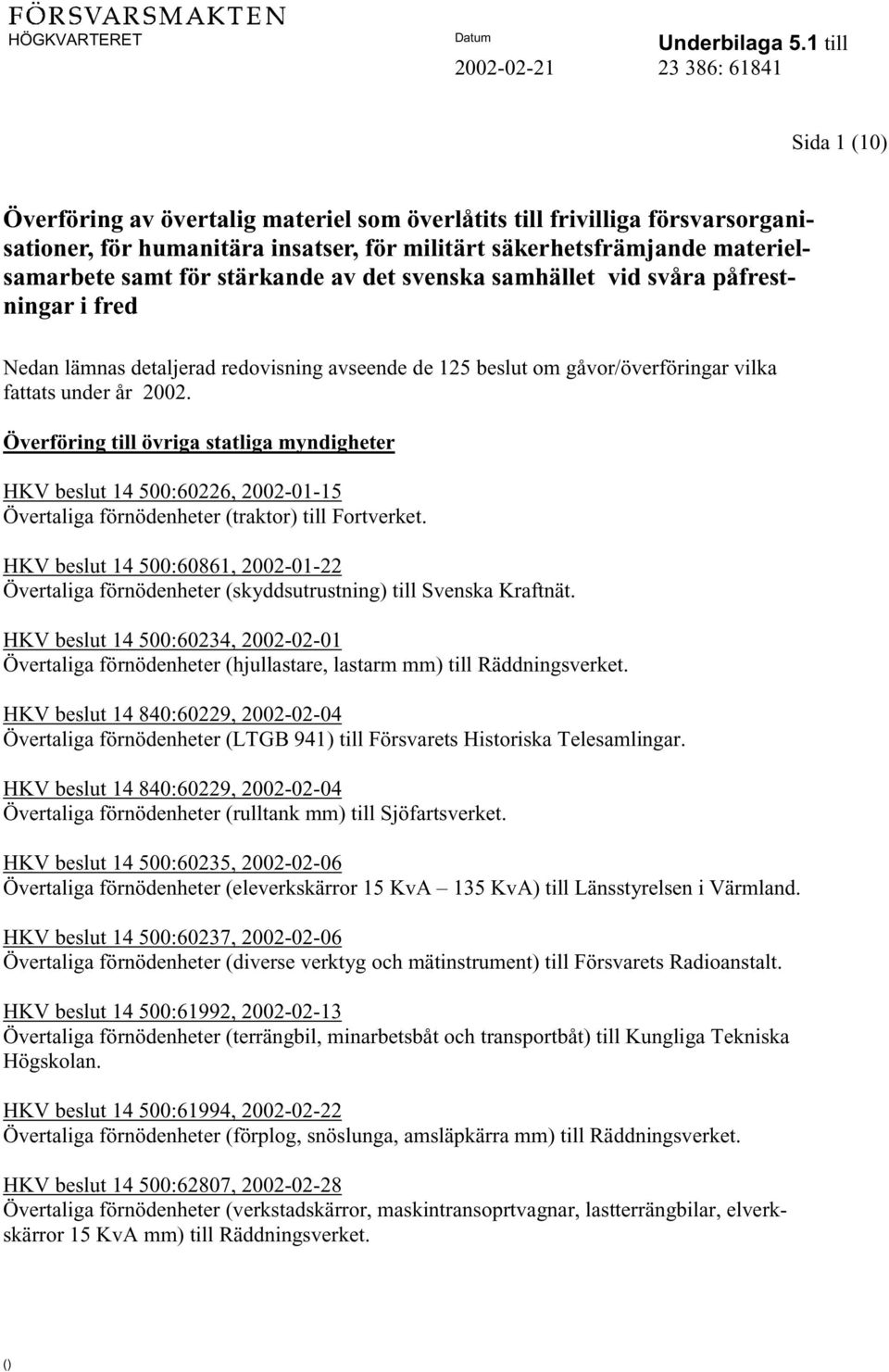 Överföring till övriga statliga myndigheter HKV beslut 14 500:60226, 2002-01-15 Övertaliga förnödenheter (traktor) till Fortverket.