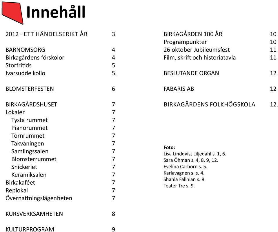 Birkakaféet 7 Replokal 7 Övernattningslägenheten 7 BIRKAGÅRDEN 100 ÅR 10 Programpunkter 10 26 oktober Jubileumsfest 11 Film, skrift och historiatavla 11 BESLUTANDE